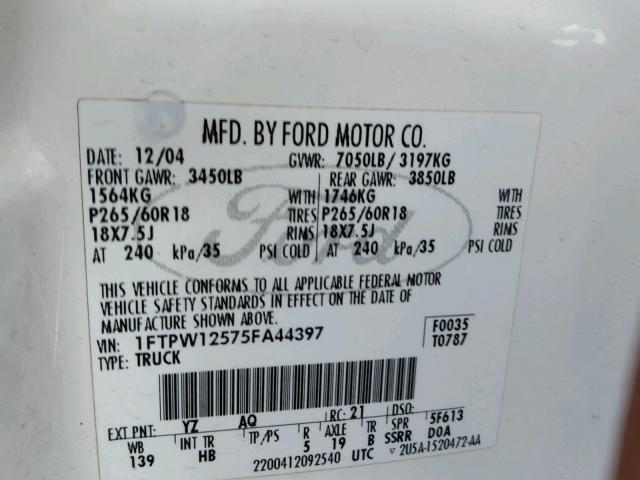 1FTPW12575FA44397 - 2005 FORD F150 SUPER WHITE photo 10