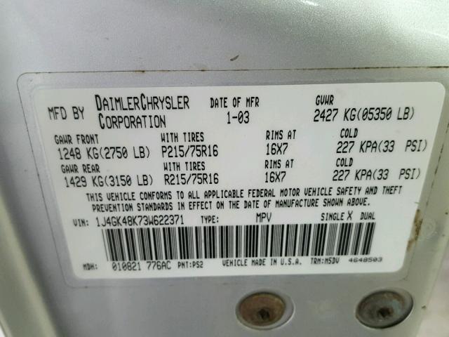 1J4GK48K73W622371 - 2003 JEEP LIBERTY SP SILVER photo 10