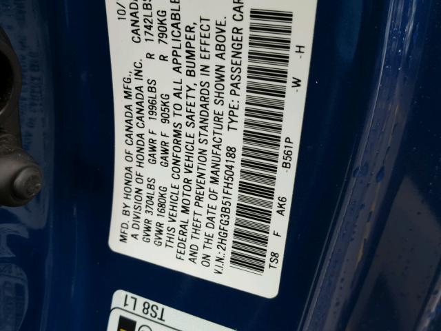 2HGFG3B51FH504188 - 2015 HONDA CIVIC LX BLUE photo 10