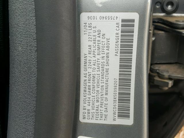 WVWCD63BX5E098207 - 2005 VOLKSWAGEN PASSAT GLS GRAY photo 10