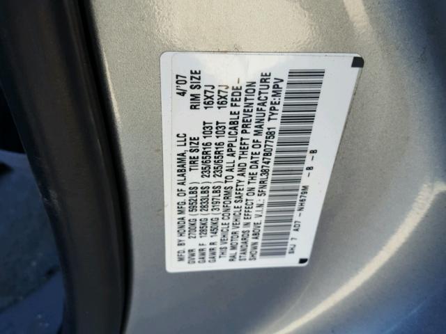 5FNRL38747B077581 - 2007 HONDA ODYSSEY EX SILVER photo 10