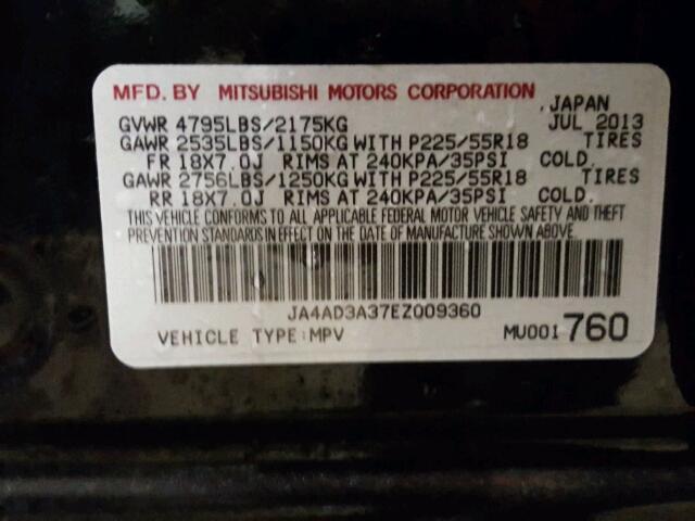 JA4AD3A37EZ009360 - 2014 MITSUBISHI OUTLANDER BLACK photo 10