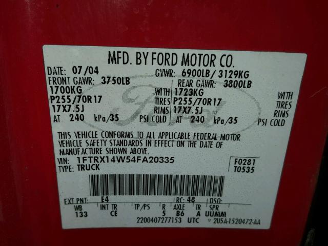 1FTRX14W54FA20335 - 2004 FORD F150 RED photo 10