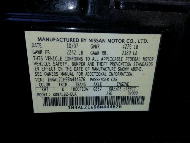 1N4AL21E98N444676 - 2008 NISSAN ALTIMA 2.5 BLACK photo 10