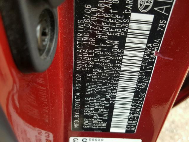 2T1BR30E46C697845 - 2006 TOYOTA COROLLA CE RED photo 10