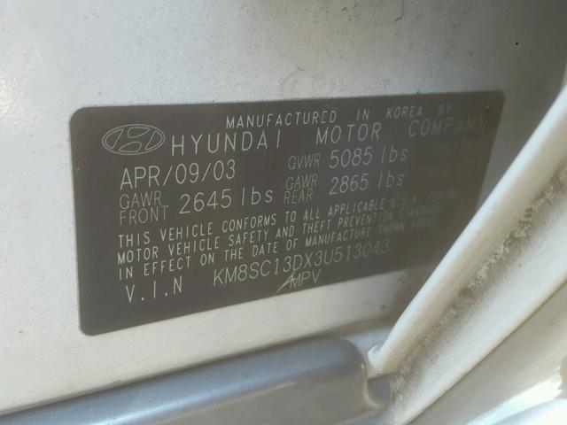 KM8SC13DX3U513043 - 2003 HYUNDAI SANTA FE G WHITE photo 10