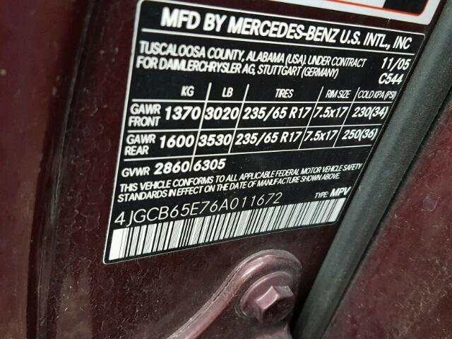 4JGCB65E76A011672 - 2006 MERCEDES-BENZ R 350 MAROON photo 10