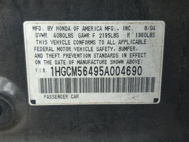 1HGCM56495A004690 - 2005 HONDA ACCORD LX BLACK photo 10