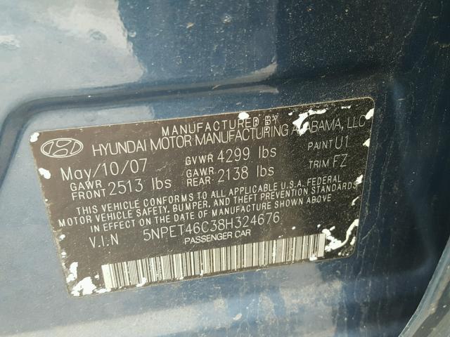 5NPET46C38H324676 - 2008 HYUNDAI SONATA GLS BLUE photo 10