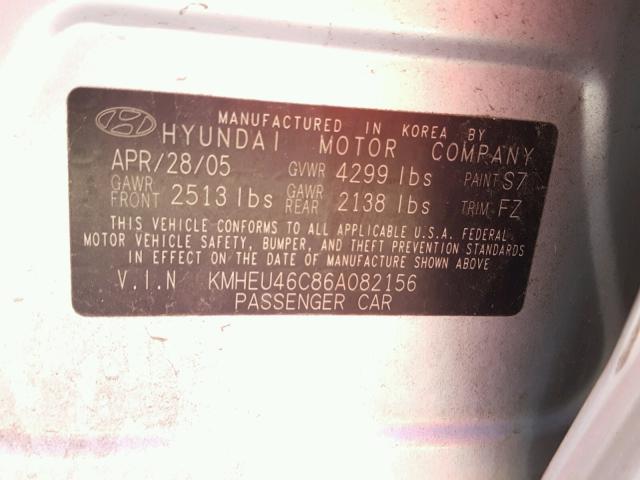 KMHEU46C86A082156 - 2006 HYUNDAI SONATA GLS SILVER photo 10