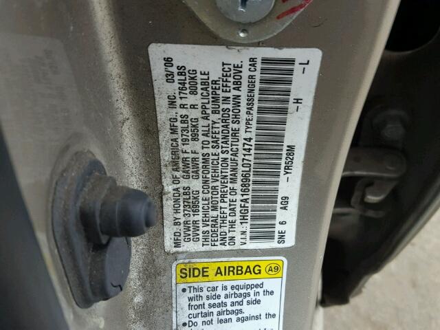 1HGFA16896L071474 - 2006 HONDA CIVIC EX Qəhvəyi foto 10