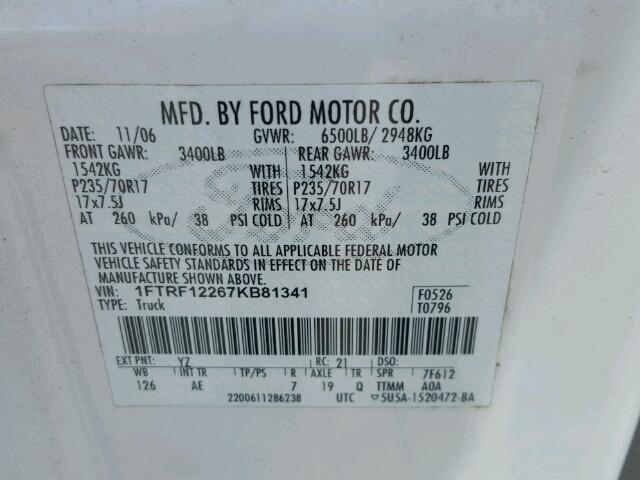 1FTRF12267KB81341 - 2007 FORD F150 WHITE photo 10