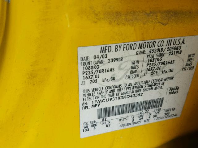 1FMCU931X3KD40562 - 2003 FORD ESCAPE XLT YELLOW photo 10