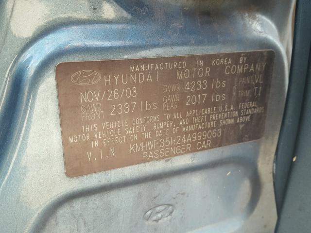 KMHWF35H24A999063 - 2004 HYUNDAI SONATA GLS BLUE photo 10