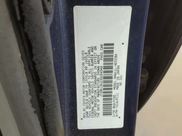 JT2BK18U230084948 - 2003 TOYOTA PRIUS BLUE photo 10