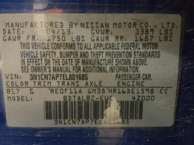 3N1CN7AP7EL801685 - 2014 NISSAN VERSA S BLUE photo 10