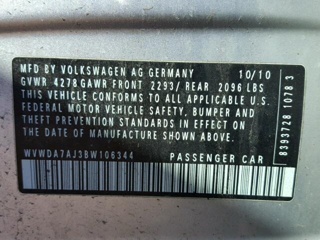 WVWDA7AJ3BW106344 - 2011 VOLKSWAGEN GOLF 银色 照片 10