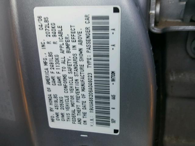 19UUA66206A046023 - 2006 ACURA 3.2TL SILVER photo 10