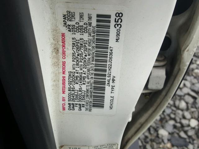 JA4LS21H22J063647 - 2002 MITSUBISHI MONTERO SP WHITE photo 10