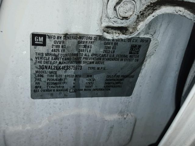 3GNAL2EK4ES675973 - 2014 CHEVROLET CAPTIVA LS 白色 照片 10