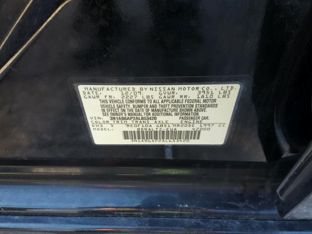 3N1AB6AP2AL653420 - 2010 NISSAN SENTRA 2.0 BLACK photo 10