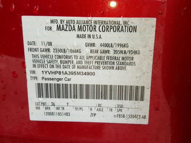 1YVHP81A395M34900 - 2009 MAZDA 6 I RED photo 10