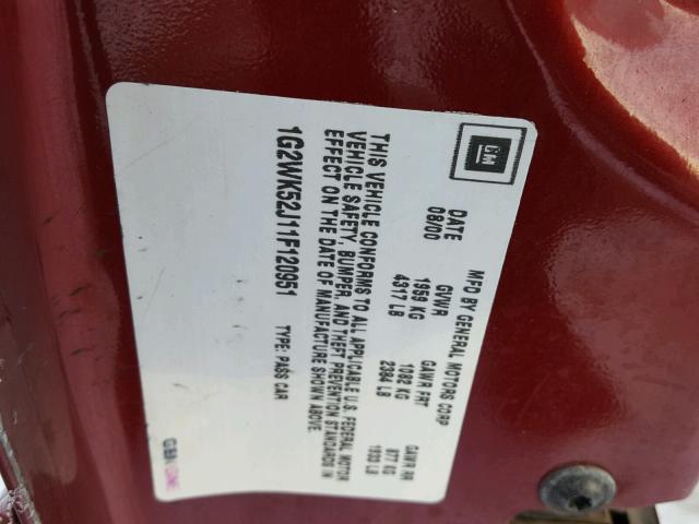 1G2WK52J11F120951 - 2001 PONTIAC GRAND PRIX RED photo 10