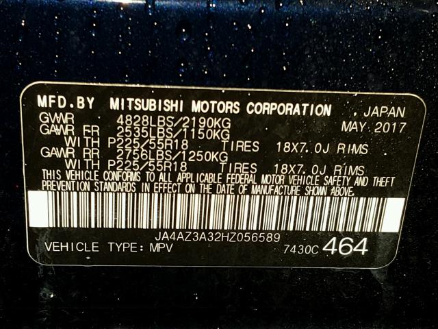 JA4AZ3A32HZ056589 - 2017 MITSUBISHI OUTLANDER BLUE photo 10