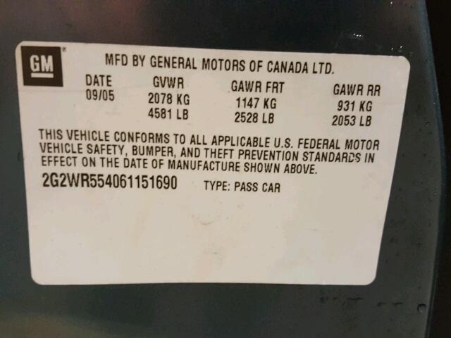 2G2WR554061151690 - 2006 PONTIAC GRAND PRIX BLUE photo 10