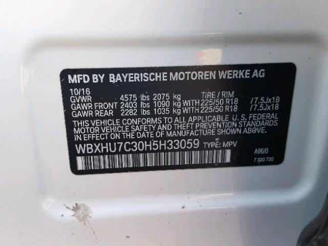 WBXHU7C30H5H33059 - 2017 BMW X1 SDRIVE2 WHITE photo 10