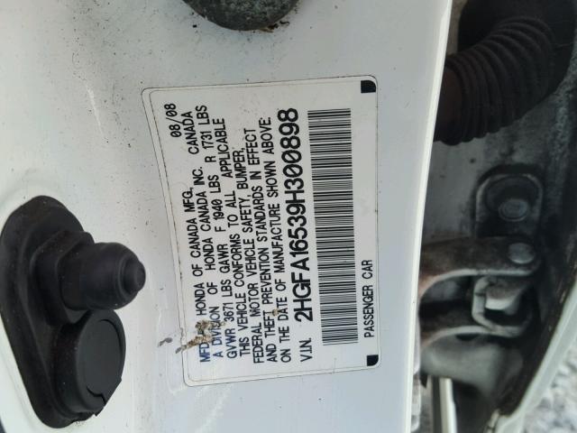 2HGFA16539H300898 - 2009 HONDA CIVIC LX WHITE photo 10