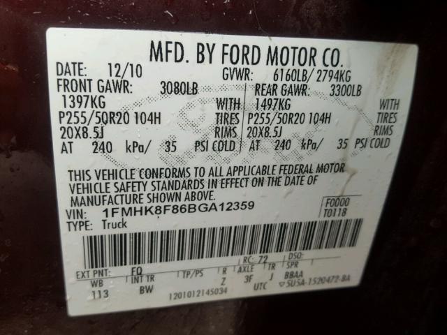 1FMHK8F86BGA12359 - 2011 FORD EXPLORER L BURGUNDY photo 10