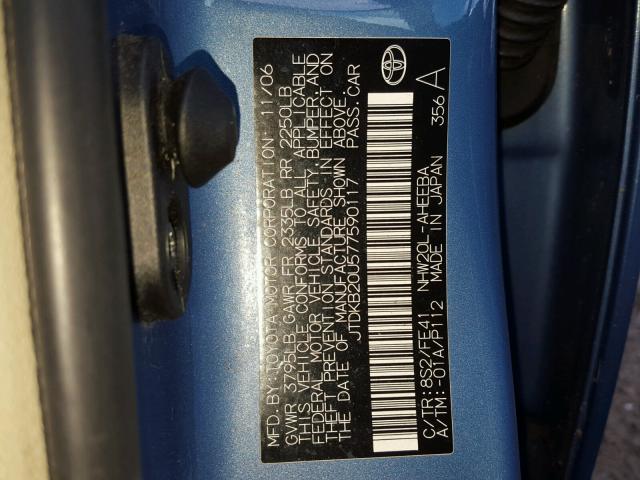 JTDKB20U577590117 - 2007 TOYOTA PRIUS BLUE photo 10