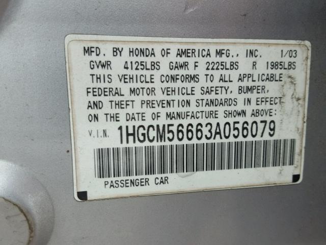 1HGCM56663A056079 - 2003 HONDA ACCORD EX SILVER photo 10