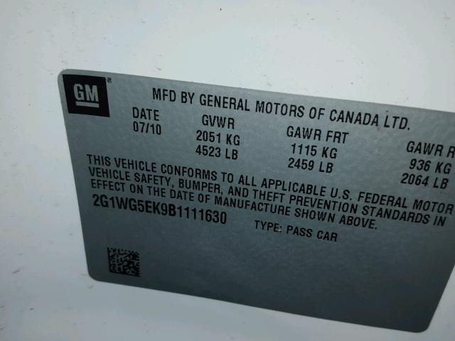 2G1WG5EK9B1111630 - 2011 CHEVROLET IMPALA LT WHITE photo 10