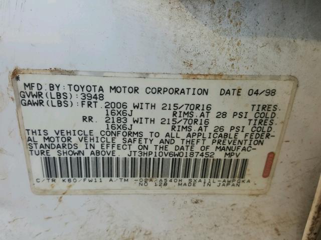 JT3HP10V6W0187452 - 1998 TOYOTA RAV4 WHITE photo 10