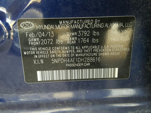 5NPDH4AE1DH288616 - 2013 HYUNDAI ELANTRA GL BLUE photo 10