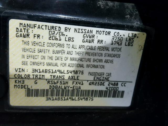 3N1AB51A96L549875 - 2006 NISSAN SENTRA SE- BLACK photo 10