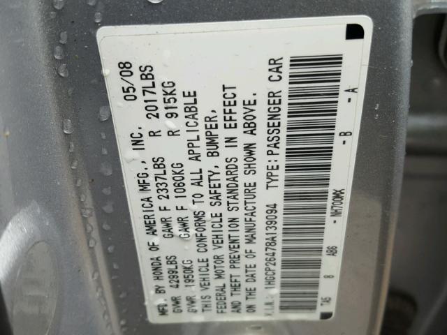 1HGCP26478A139094 - 2008 HONDA ACCORD LXP SILVER photo 10