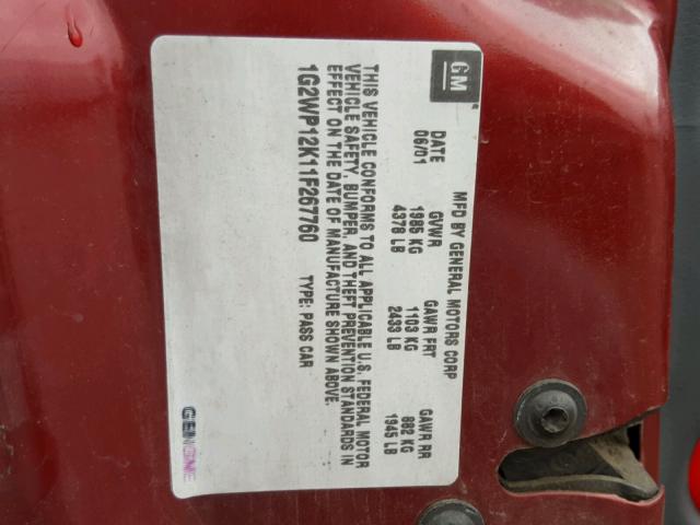1G2WP12K11F267760 - 2001 PONTIAC GRAND PRIX Tünd qırmızı foto 10