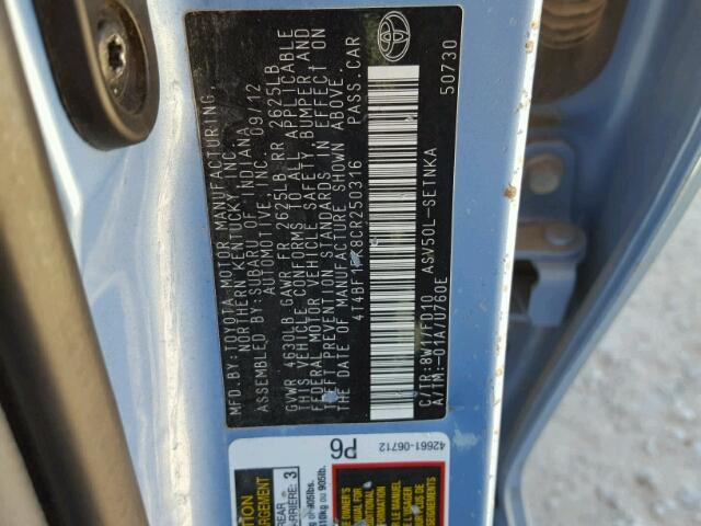 4T4BF1FK8CR250316 - 2012 TOYOTA CAMRY BASE BLUE photo 10