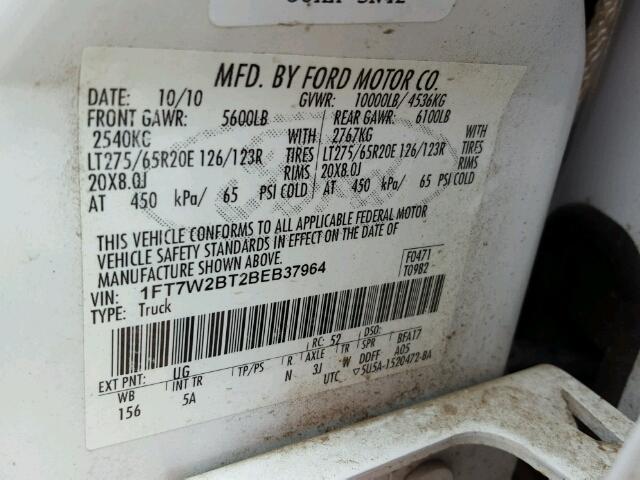 1FT7W2BT2BEB37964 - 2011 FORD F250 SUPER WHITE photo 10