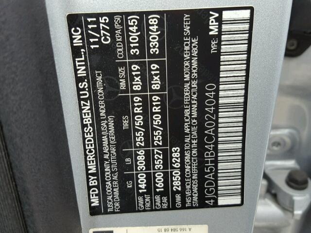 4JGDA5HB4CA024040 - 2012 MERCEDES-BENZ ML 350 4MA GRAY photo 10