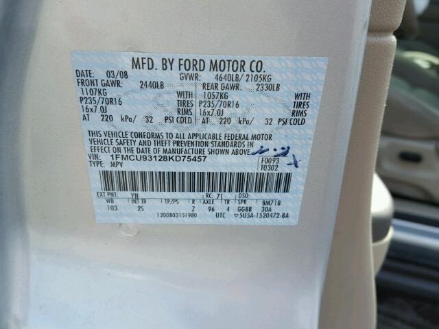 1FMCU93128KD75457 - 2008 FORD ESCAPE XLT SILVER photo 10