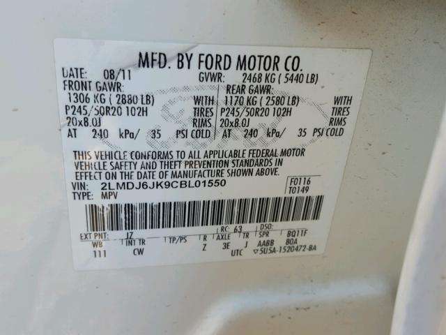 2LMDJ6JK9CBL01550 - 2012 LINCOLN MKX WHITE photo 10