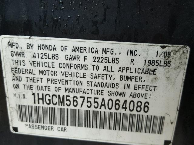 1HGCM56755A064086 - 2005 HONDA ACCORD EX GRAY photo 10