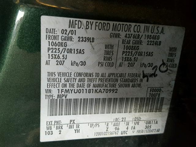 1FMYU01181KA70992 - 2001 FORD ESCAPE XLS GREEN photo 10