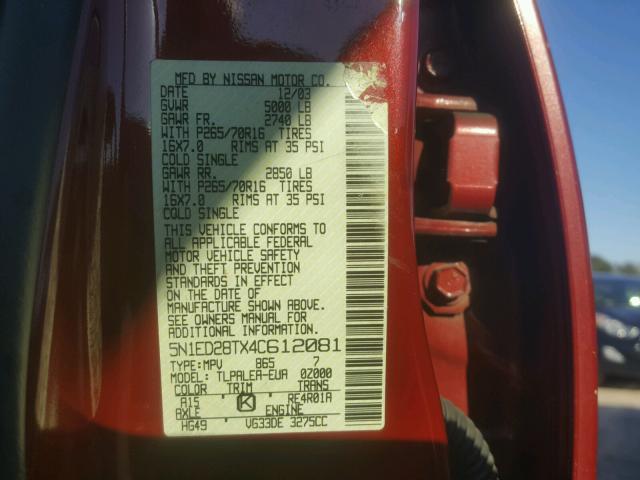 5N1ED28TX4C612081 - 2004 NISSAN XTERRA XE RED photo 10