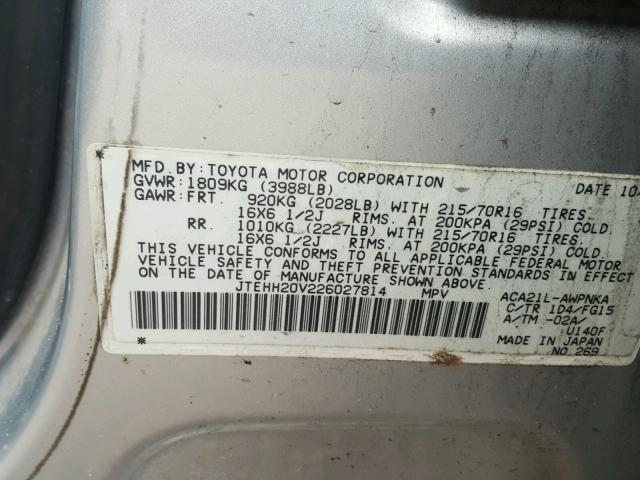 JTEHH20V226027814 - 2002 TOYOTA RAV4 GRAY photo 10