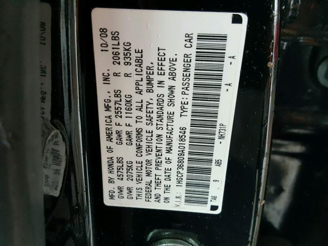 1HGCP36809A018546 - 2009 HONDA ACCORD EXL BLACK photo 10